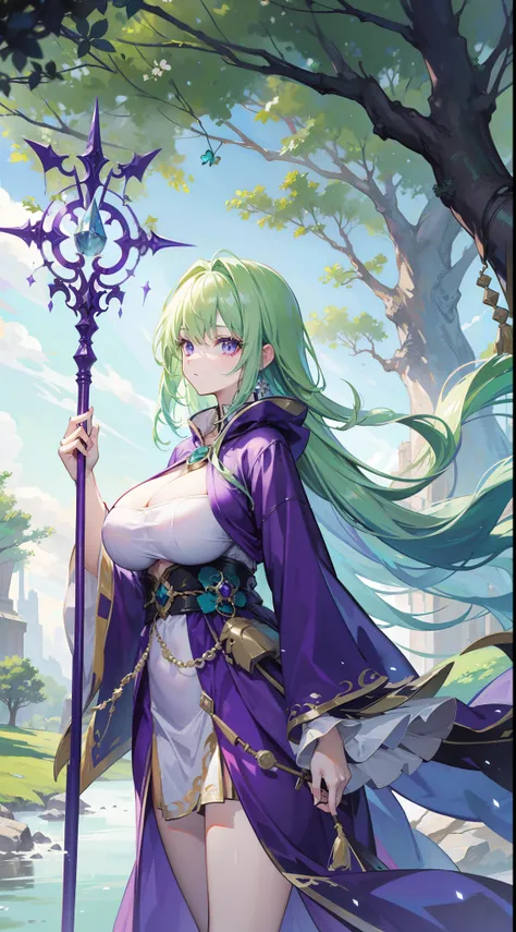 Light green hair，a beauty girl，(magestic)，A huge wooden staff，(huge tit)，Purple robe，(Huge world tree)