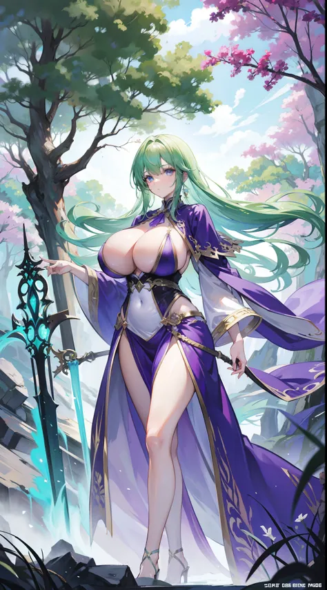 Light green hair，a beauty girl，(magestic)，A huge wooden staff，(huge tit)，Purple robe，(Huge world tree)