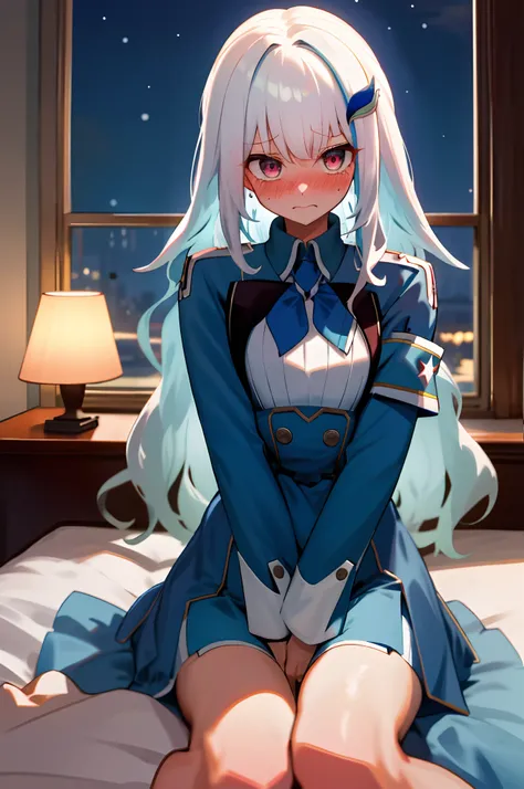 One girl with long wavy hair, white hair, looking at viewer, embarrassed, blushing, tears, indoor , uniform and a hat, captains uniform, perfect waist, bed, sit on, spread legs, night atmosphere, hair ornament, kneeling pose