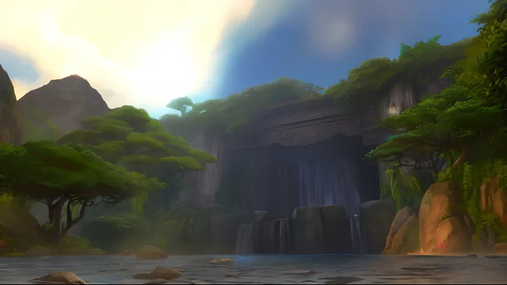 There is a small waterfall in the middle of a jungle, World of Warcraft Captura de tela, entrance to ethereal realm, Vista Zenital, de wow, captura de tela de alta qualidade, huge gate, uma captura de tela, mysterious temple setting, pintura digital 2d, Di...