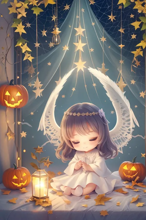 A ray of hope、Beautiful Chibi Angel、Halloween、Calm and fantastic background、Gentle smile、aureole、sleep、Christmas