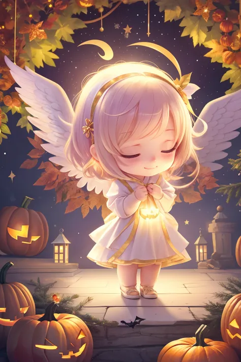 A ray of hope、Beautiful Chibi Angel、Halloween、Calm and fantastic background、Gentle smile、aureole、sleep、Christmas