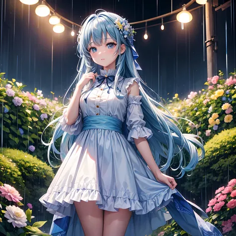 A 4k  cute anime girl with long lighting hair , she wears full neck soft blue, she standing in flower garden in rainy season. Full 4k ,she wearing flower .