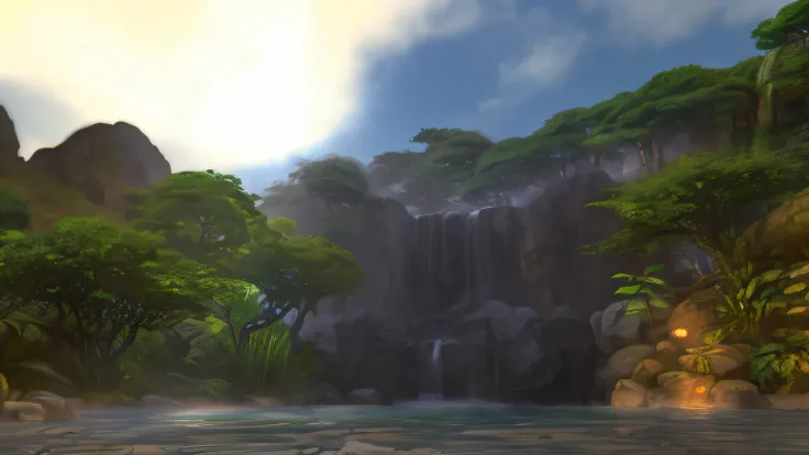 There is a small waterfall in the middle of a jungle, World of Warcraft Captura de tela, entrance to ethereal realm, Vista Zenital, de wow, captura de tela de alta qualidade, huge gate, uma captura de tela, mysterious temple setting, pintura digital 2d, Di...