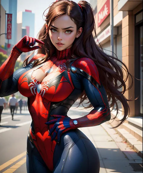 Raw foto,Beautiful woman ,detailed the outlined body with Spider-Man cosplay, very large breasts,tits big