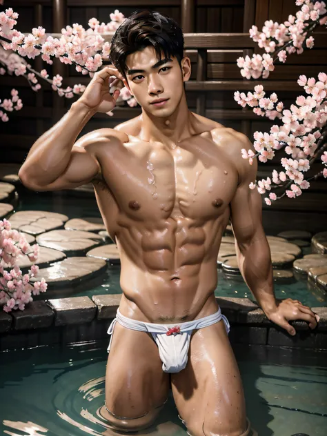 Photo Realistic, Masterpiece, Intricate details, Detailed background, Depth of field, Handsome male (Japanese man), Fun Aechu, Onsen, bathing, (18 years old), Dynamic pose, cherry blossom, fundoshi, thong, sexy facial expression, Expressive, various poses