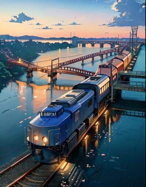 anime train on tracks passing over a body of water, lofi artstyle, reflections. by makoto shinkai, lofi art, beautiful anime scene, anime landscape, detailed scenery —width 672, in style of makoto shinkai, style of makoto shinkai, ( ( makoto shinkai ) ), s...