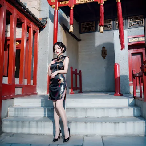 Heavy makeup，8K，mature，ear studs，stiletto，In the daytime，on cheongsam，Skin color pantyhose，Single ball hairstyle，Facing the lens，The is standing，one-girl，In Chinese temples，Ancient buildings