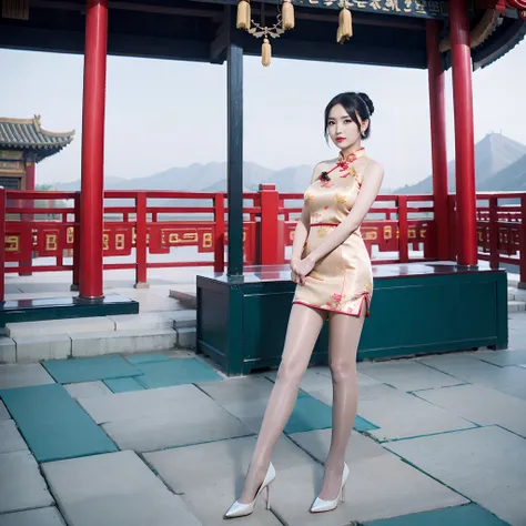 Heavy makeup，8K，mature，ear studs，stiletto，In the daytime，on cheongsam，Skin color pantyhose，Single ball hairstyle，Facing the lens，The is standing，one-girl，In Chinese temples，Ancient buildings