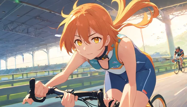 1 female、Orange hair、huge tit、Big ass、Racing Pants、yellow  eyes、Short Bob、Bicycle racing、big thighs、Cycle Helmet、goggles