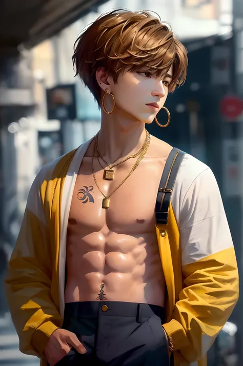 Jeon Jungkook wearing medium sized gold hoop earring, strands of brown hair with blond streaks without the shirt and with a gold cord around the neck, tatuado.