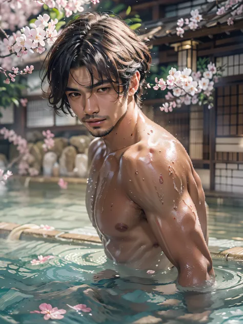 Photo Realistic, Masterpiece, Intricate details, Detailed background, Depth of field, Handsome male (Japanese man), Fun Aechu, Onsen, bathing, (18 years old), Dynamic pose, cherry blossom, fundoshi, thong, sexy facial expression, Expressive, various poses