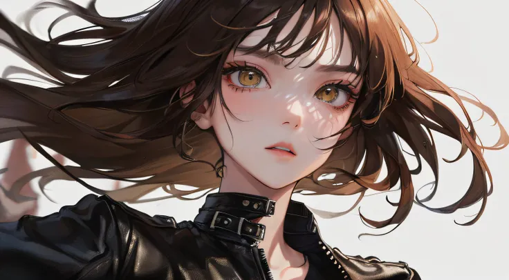 (((1人の女性)))、(Top resolution、Distinct_image) best qualtiy、(((leather jackets)))、contrasts of light and shadow、simple background、Cool、((illuminating))、ighly detailed、Semi-realistic、Brown hair、((makeups)),heavy-metal、Braided hairstyle、deadpan、bangss、20yr old、...