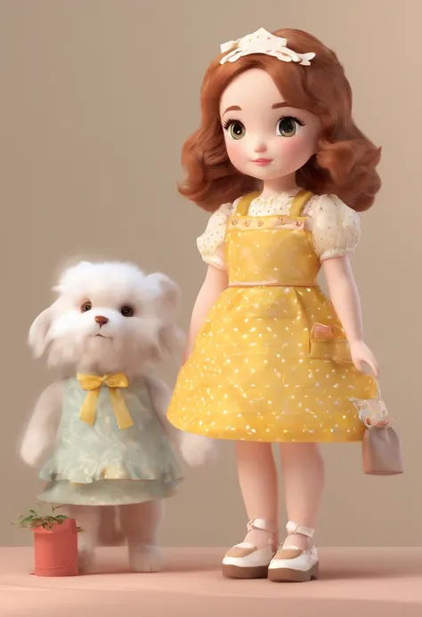 Create a series of chibi style dolls with a cute vintage chic theme, each with lots of detail and in an 8K resolution. All dolls should follow the same solid background pattern and be complete in the image, mostrando o (corpo inteiro, incluindo as pernas: ...