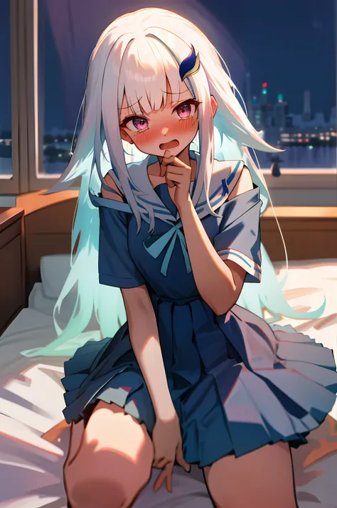 One girl with long wavy hair, white hair, looking at viewer, embarrassed, blushing, tears, open mouth, indoor , sailor uniform, pleated skirt, bare shoulder, perfect waist, bed, sit on, spread legs, night atmosphere, hair ornament, kneeling pose