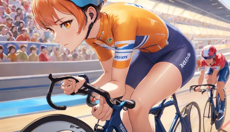 To generate a Stable Diffusion prompt for the given theme, "A girl with orange hair, big breasts, a big butt, wearing racing pants and a cycle helmet, with yellow eyes and a short bob hairstyle, participating in track cycling with large thighs and goggles,...