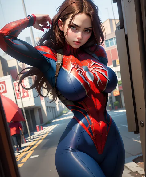 Raw foto,Beautiful woman ,detailed the outlined body with Spider-Man cosplay, very large breasts,tits big