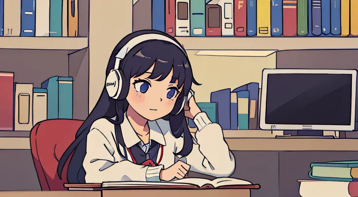 High school girl studying in library、head phone