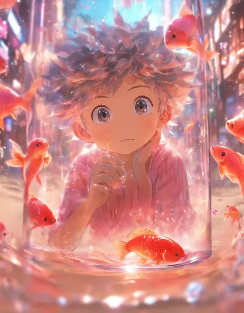 (Best quality,4K,8K,A high resolution,Masterpiece:1.2),Ultra-detailed, Inside a glass enclosure is a cute little pink fish，A little boy holds a glass cover in his hand and looks at the pink fish with his face against the glass cover，Background sandy beach，...