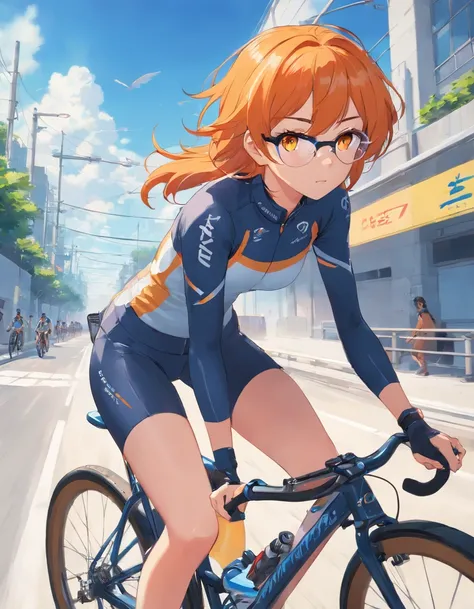 1 female、Orange hair、huge tit、Big ass、Racing Pants、yellow  eyes、Short Bob、Bicycle racing、big thighs、Cycle Helmet、goggles