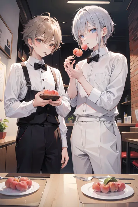 Two Boys, Silver-haired boy and brown-haired boy,cafes、Eating a peach dessert、Boys Love、Talking、hight resolution、ultra-detailliert