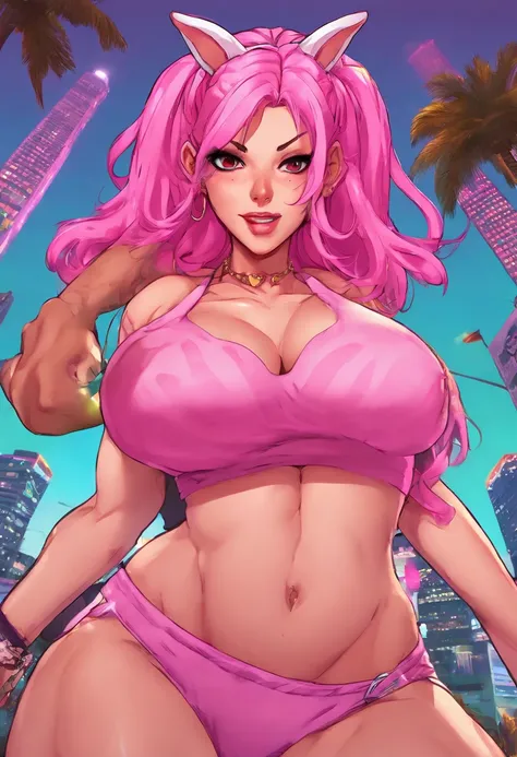 Cute sexy girl, Pink hair, A bunny girl, Ultra photo realsisim, Detailed lighting, anime big breast, Possessed  ,gigantic cleavage breasts,strong muscle