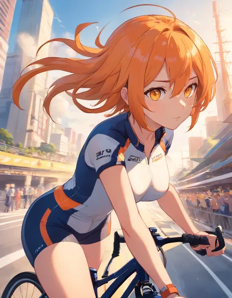 1 female、Orange hair、huge tit、Big ass、Racing Pants、yellow  eyes、Short Bob、Bicycle racing、big thighs、Cycle Helmet、goggles