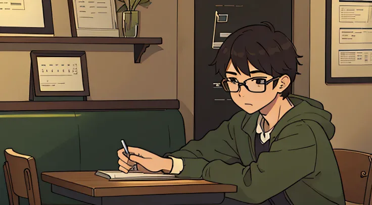 High school boy studying in a café、eye glass