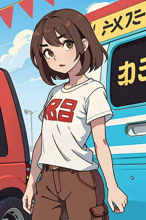 ,La mejor calidad ,pelo largo muy flaco , Caucasian anime girl max caulfield ,ojos grandes , Borrosa, , brown hair , feliz , , piel suave, , ojos expresivos , , , Camiseta roja de manga larga, pantalones cortos , at city