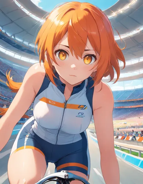 1 female、Orange hair、huge tit、Big ass、Racing Pants、yellow  eyes、Short Bob、Bicycle racing、big thighs、Cycle Helmet、goggles、Velodrome