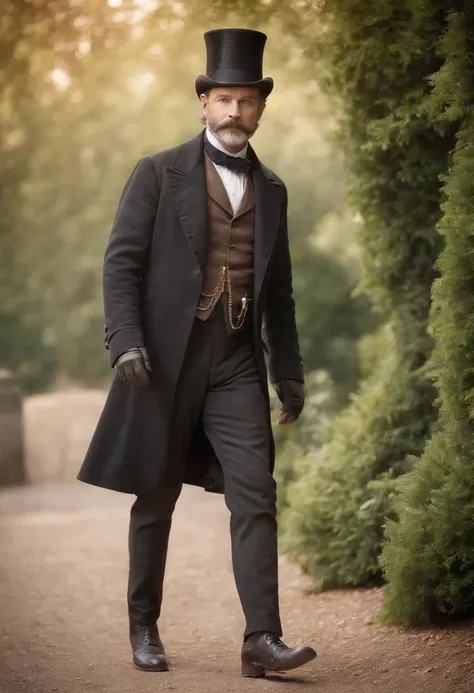 create a gentleman, aged 50, from the 17th or 18th century, with a top hat, beard and mustache, wearing a monocle, period clothing, walking in a street of the time, in the city, full of trees,watercolor technique, poster design, 300 DPI, soft lighting, ser...