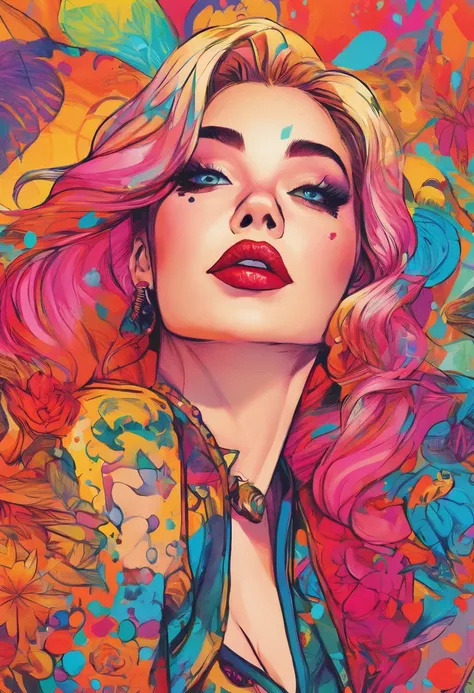 a brightly colored painting of a woman with a clown makeup, portrait of harley quinn, harley quinn, of harley quinn, harley queen, art of alessandro pautasso, vibrant fan art, colourful movie art, vibrant colors hyper realism, vibrant cartoon art, rossdraw...