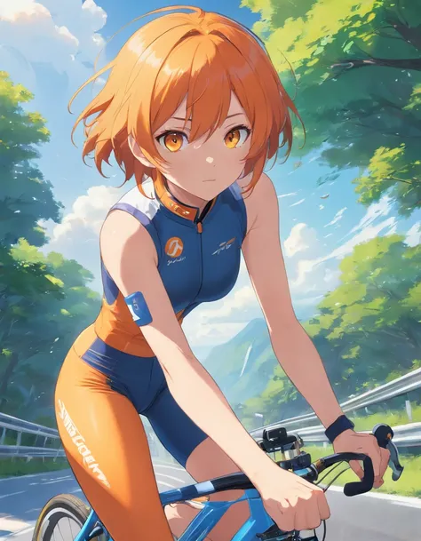 1 female、Orange hair、huge tit、Big ass、Racing Pants、yellow  eyes、Short Bob、Bicycle racing、Large, thick thighs、Cycle Helmet、goggles