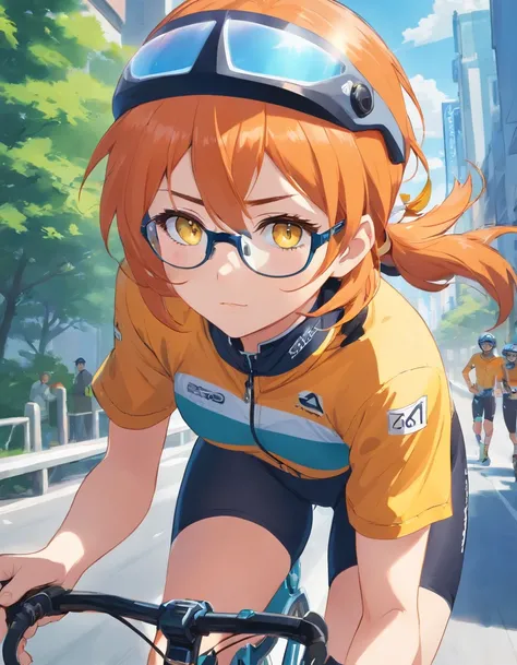 1 female、Orange hair、huge tit、Big ass、Racing Pants、yellow  eyes、Short Bob、Bicycle racing、Large, thick thighs、Cycle Helmet、goggles