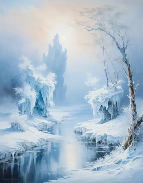 Immerse yourself in a winter wonderland with this captivating painting featuring rime ice that creates a mystical and enchanting atmosphere, transforming the landscape into a work of art. The composition captures the ethereal beauty of the ice formations, ...