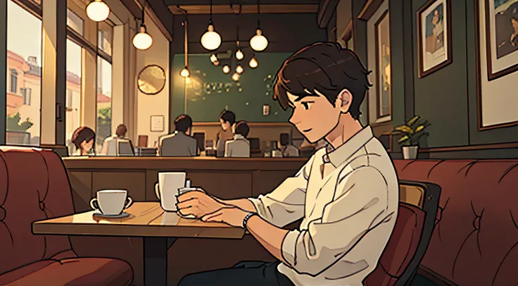 Young man studying in a café、early evening