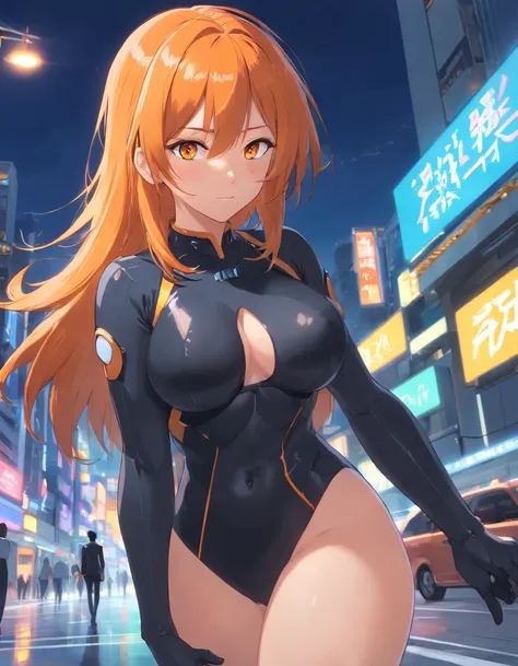 1 female、Orange hair、huge tit、Big ass、Black rubber suit、yellow  eyes、thick and large thighs,