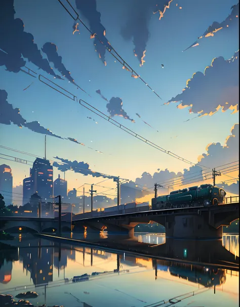 anime train on tracks passing over a body of water, lofi artstyle, reflections. by makoto shinkai, lofi art, beautiful anime scene, anime landscape, detailed scenery —width 672, in style of makoto shinkai, style of makoto shinkai, ( ( makoto shinkai ) ), s...