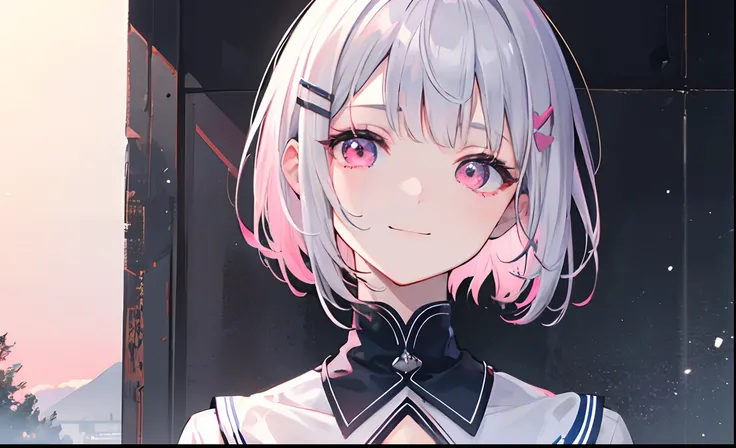 Pink girl with silver hair, Pink eyes, Very short hairstyle, A shy smile, hair clips, Long sleeves, Small chest, Reflection, Magic Hour, landscape, scattering of light, Transparent of ligh, (bustup:1.2), (masutepiece). (Best Quality, 8K, hight resolution),...