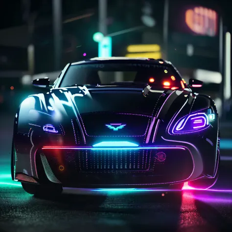 (ultra - detailed, 16K resolution, Cinema lenses，rendering by octane), (8k ,ultra detailed,raw photo:1.2),(realistic:1), (photorealistic:1), (lens flare:1.1), (bloom:1.1), (neon color smoke:1.2), (neon :1.2) ,ultra realistic purple neon Aston Martin car, f...