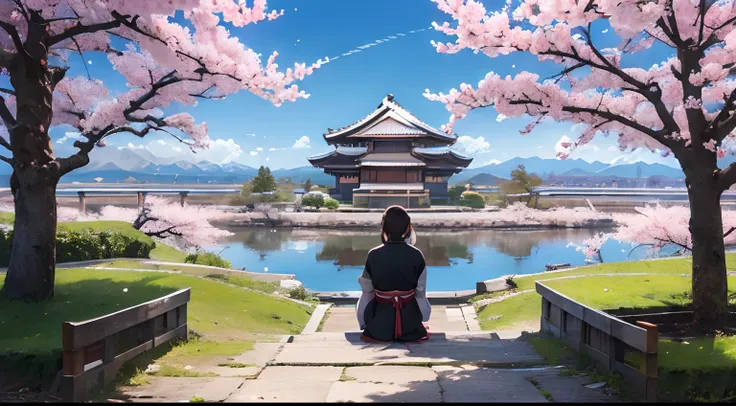 A lone samurai resting under a sakura tree. In the background you can see mountains and a beautiful and majestic Japanese castle.