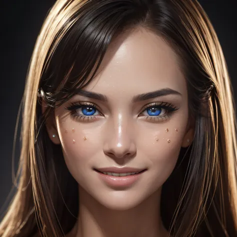 image of a woman, with a big smile, super happy, ((masterpiece)), ((best quality))), ((ultra-detailed)), UHD, 8k, ((very high resolution))), ((illustration)), ((realistic)), (Reflections), sharp focus, front lighting, intense shadows, ((gorgeous, extremely...