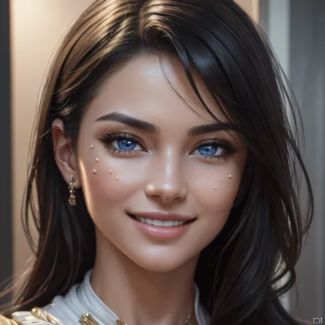 image of a woman, with a big smile, super happy, ((masterpiece)), ((best quality))), ((ultra-detailed)), UHD, 8k, ((very high resolution))), ((illustration)), ((realistic)), (Reflections), sharp focus, front lighting, intense shadows, ((gorgeous, extremely...