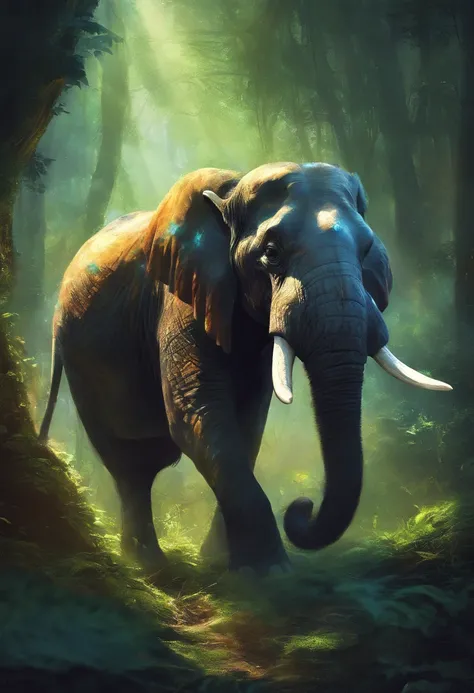 a frightened elefante, with expressive big eyes, fleeing, in a lush forest with sunlight streaming through (best quality, ultra-detailed), vibrant colors, realistic, with a painting-like texture, atmospheric lighting