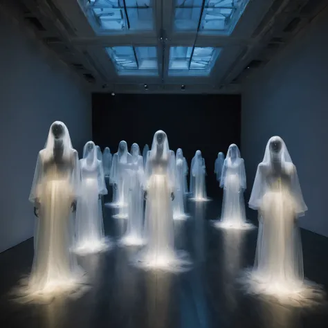 Step into a world of ghostly illusions with this captivating installation artwork where ethereal and translucent figures float in the air, creating an eerie and spectral atmosphere. The composition invites viewers to interact with the ghostly figures, expe...