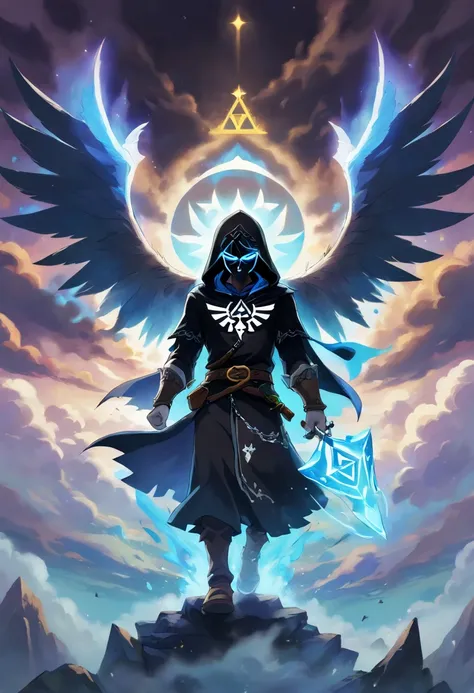 A high-fantasy portrait of a hooded male dark being with spectral wings that are made of glowing light. Surrounded by clouds and mist. A large spectral skull in the clouds behind him.