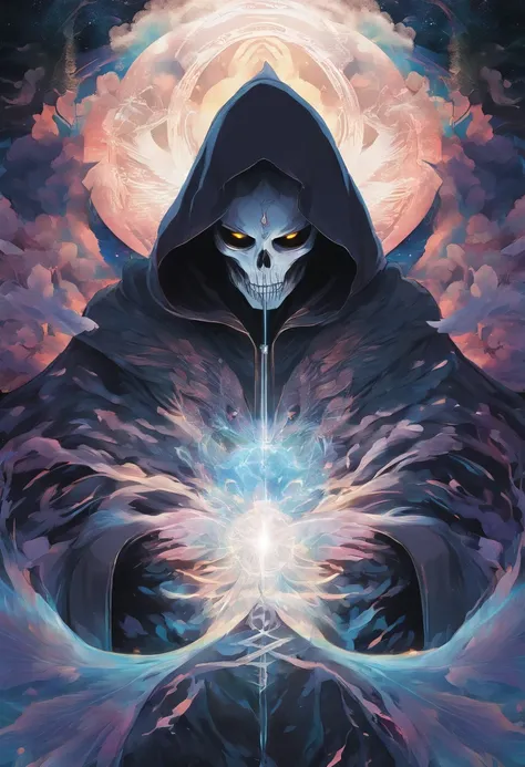 A high-fantasy portrait of a hooded male dark being with spectral wings that are made of glowing light. Surrounded by clouds and mist. A large spectral skull in the clouds behind him.