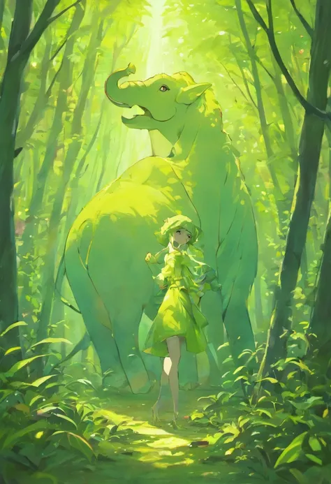 um elefante assustado, com olhos grandes expressivos, Fugindo, In a lush forest with sunlight streaming through (melhor qualidade, ultra-detalhado), cores vibrantes, Realistic, com uma textura semelhante a uma pintura, Atmospheric Illumination