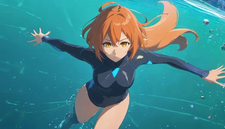 1 female、Orange hair、huge tit、Big ass、Black catsuit、yellow  eyes、thick and large thighs,、Short Bob、under the water、swim