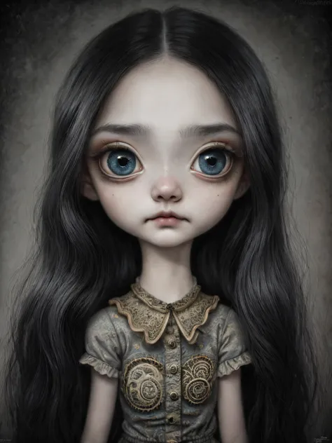 Un primer plano de una chica muy triste con el pelo largo (rubio) y los ojos grandes y azules, Anton Semenov, Mark Ryden muy detallado, Estilo Mark Ryden, Mark Ryden en el estilo de, Estilo de Mark Ryden, inspirado por Mark Ryden, Naoto Hattori, Adorable p...